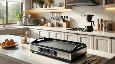 Large black and silver electric griddle on a benchtop in a modern, chic kitchen.