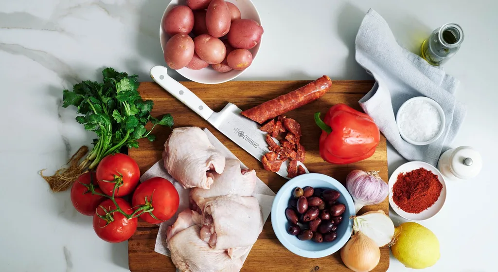 Ingredients for Spanish chicken laid out on a kitchen bench