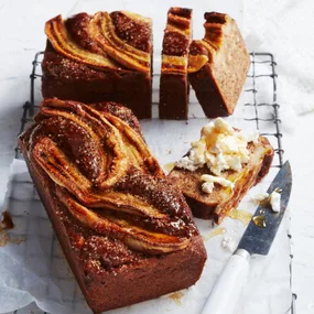 Air fryer banana bread served with ricotta and honey