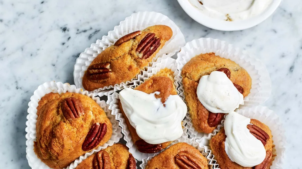 Air fryer banana muffins with pecans with whipped cream