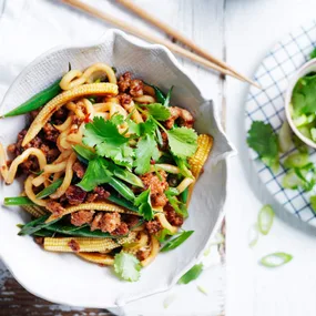 Pork noodle stir fry in a bowl