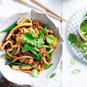 Pork noodle stir fry in a bowl