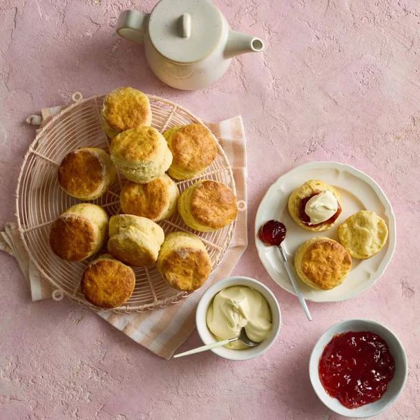 Easy scone recipe served with jam and whipped cream