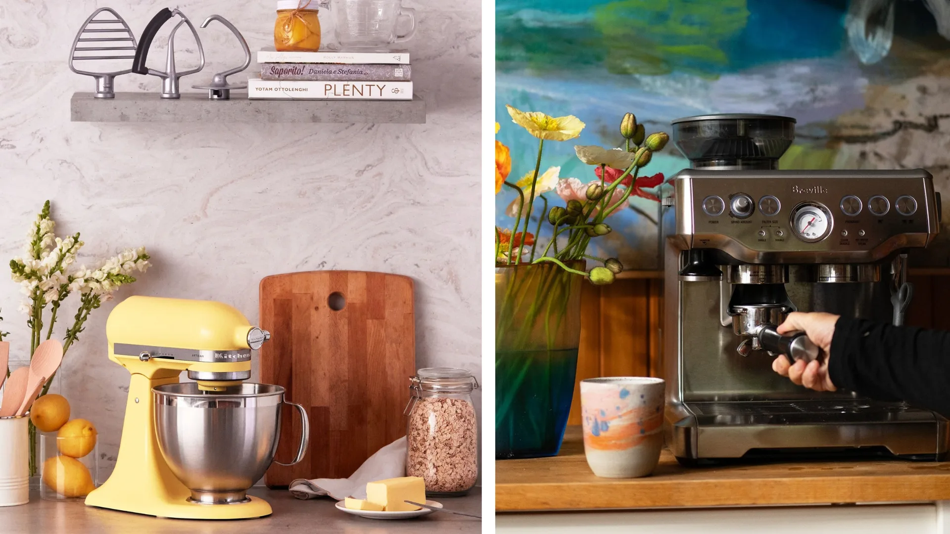 A split image shows two kitchen scenes. On the left, a sunny yellow KitchenAid stand mixer with a stainless steel bowl sits on a white countertop with a marble pattern. On the right, a silver Breville Barista Express coffee machine is being used to make coffee, with a hand holding the portafilter under the spout.