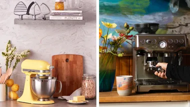 A split image shows two kitchen scenes. On the left, a sunny yellow KitchenAid stand mixer with a stainless steel bowl sits on a white countertop with a marble pattern. On the right, a silver Breville Barista Express coffee machine is being used to make coffee, with a hand holding the portafilter under the spout.