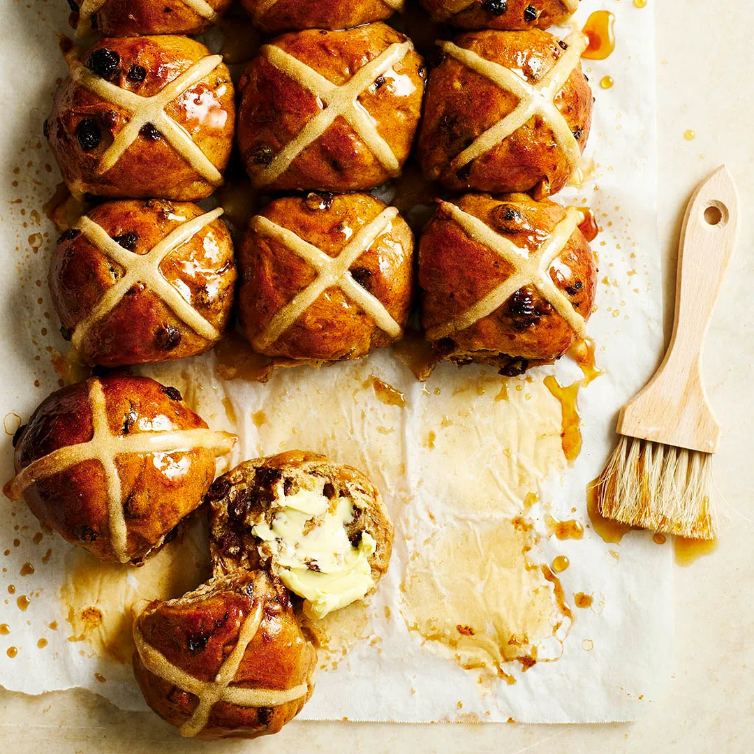 overnight hot cross buns on a board