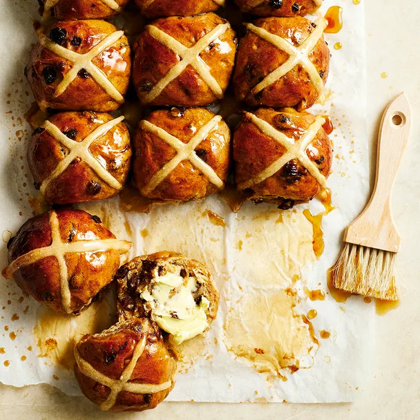 overnight hot cross buns on a board