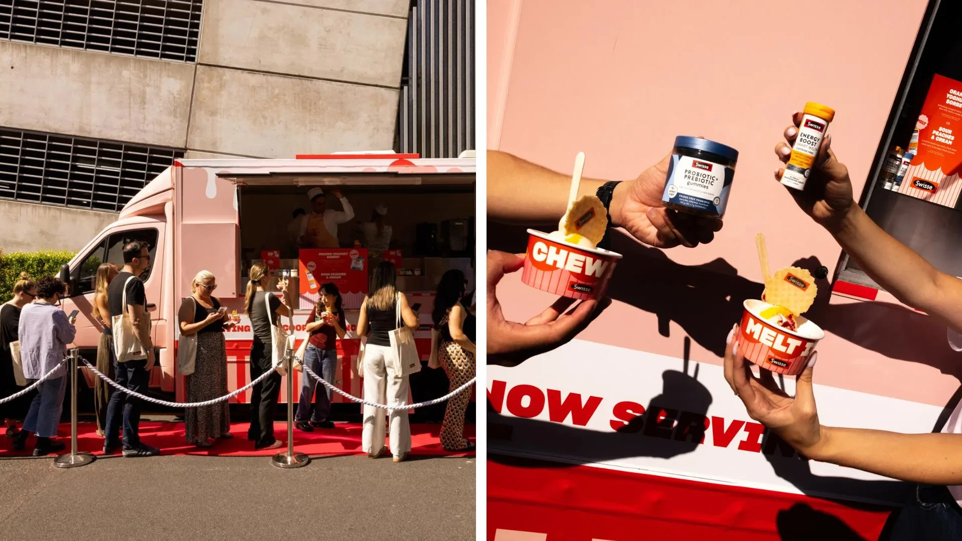 Swisse ice cream truck and close-up of ice cream cups.