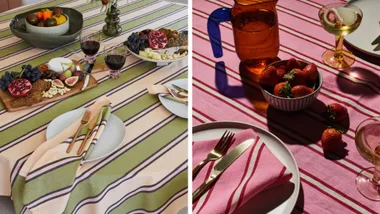 Striped tablecloth in green and pink settings, showcasing stylish table linens for different dining occasions.