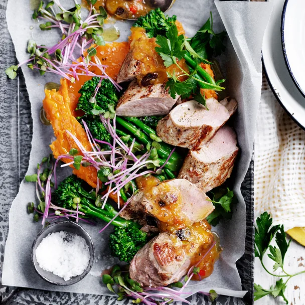 Grilled pork fillets with pear & apricot relish, sweet potato mash and broccolini