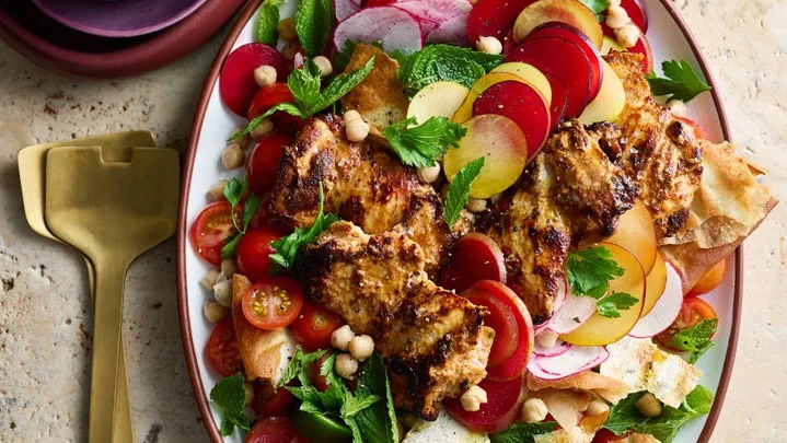 Yoghurt chicken with plum & chickpea salad