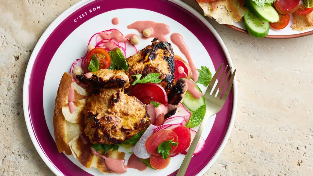 Yoghurt chicken with plum & chickpea salad