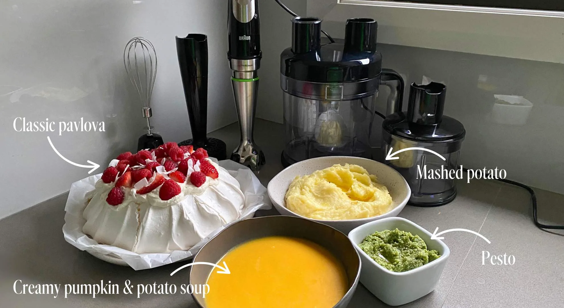 Braun MultiQuick 9 attachments with pavlova, mashed potato, pumpkin soup and pesto in bowls
