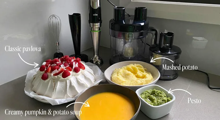 Braun MultiQuick 9 attachments with pavlova, mashed potato, pumpkin soup and pesto in bowls