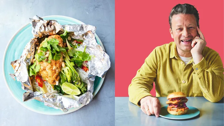 Fragrant chicken in a bag from Easy Air Fryer by Jamie Oliver, and Jamie Oliver with a chicken burger on a plate