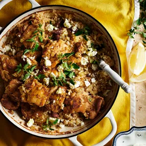 Greek style chicken and rice with lemon and fetta