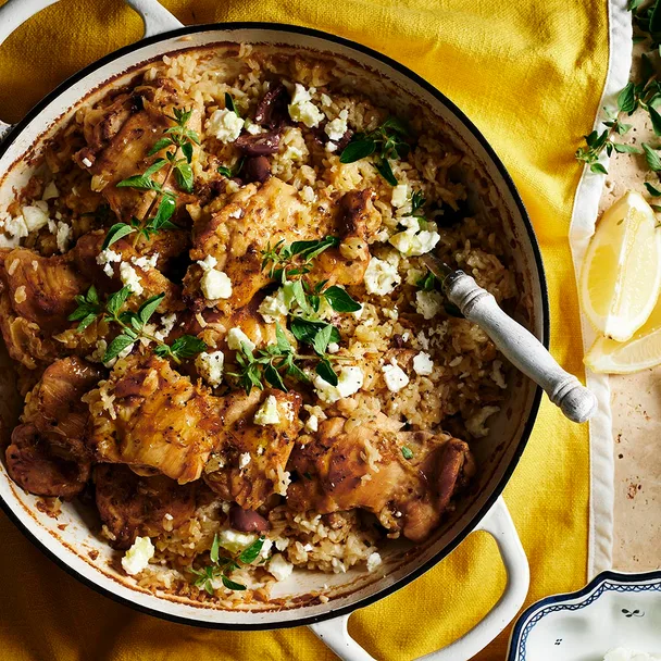 Greek style chicken and rice with lemon and fetta