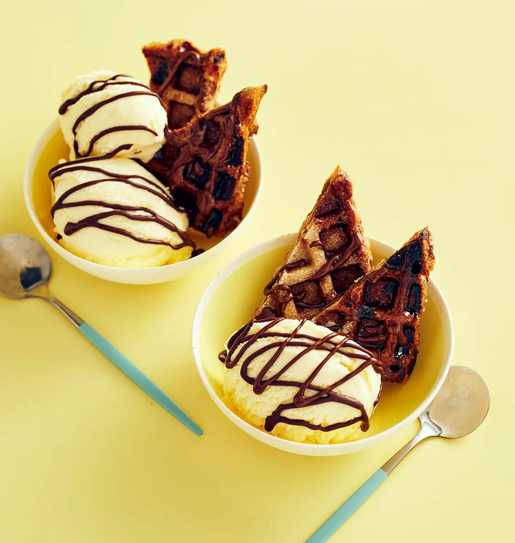 Hot cross bun waffle wafer sundae