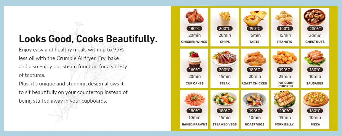 Infographic showing various foods like chicken wings, chips, and pizza with recommended cooking times and temperatures for the Crumble Air Fryer.