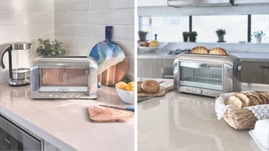 A split image showing the Magimix Vision Toaster in two modern kitchen settings, highlighting its glass viewing windows and sleek design.