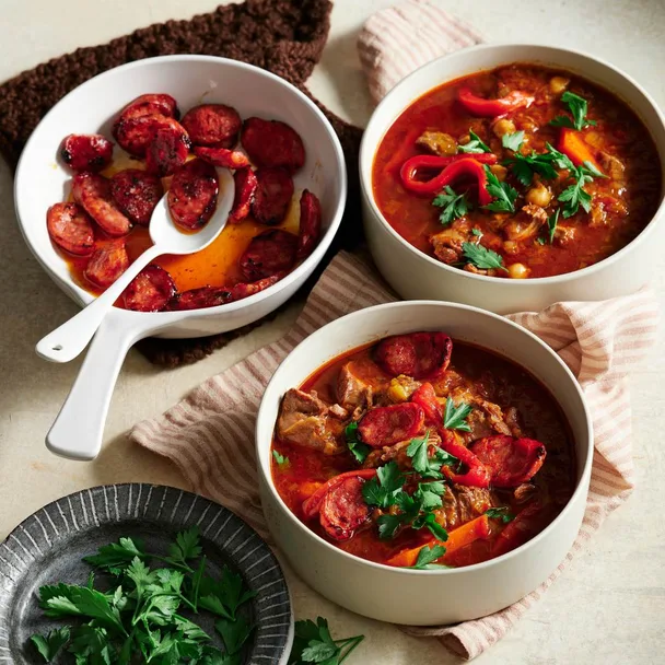 Slow cooker beef soup with chickpea & chorizo