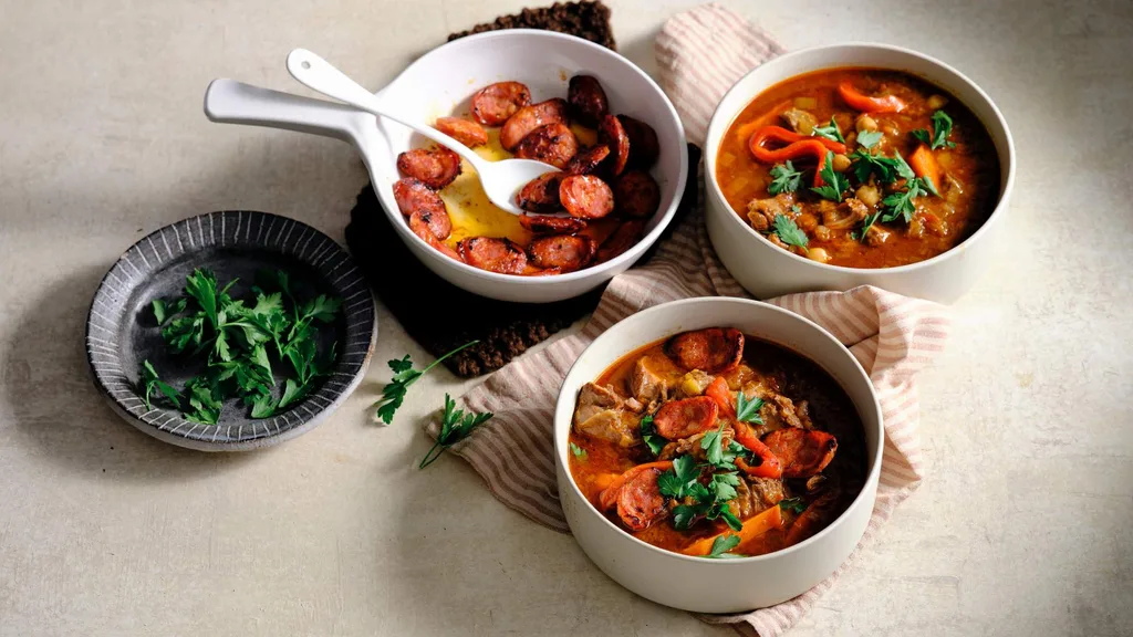 Slow cooker beef soup with chickpea & chorizo