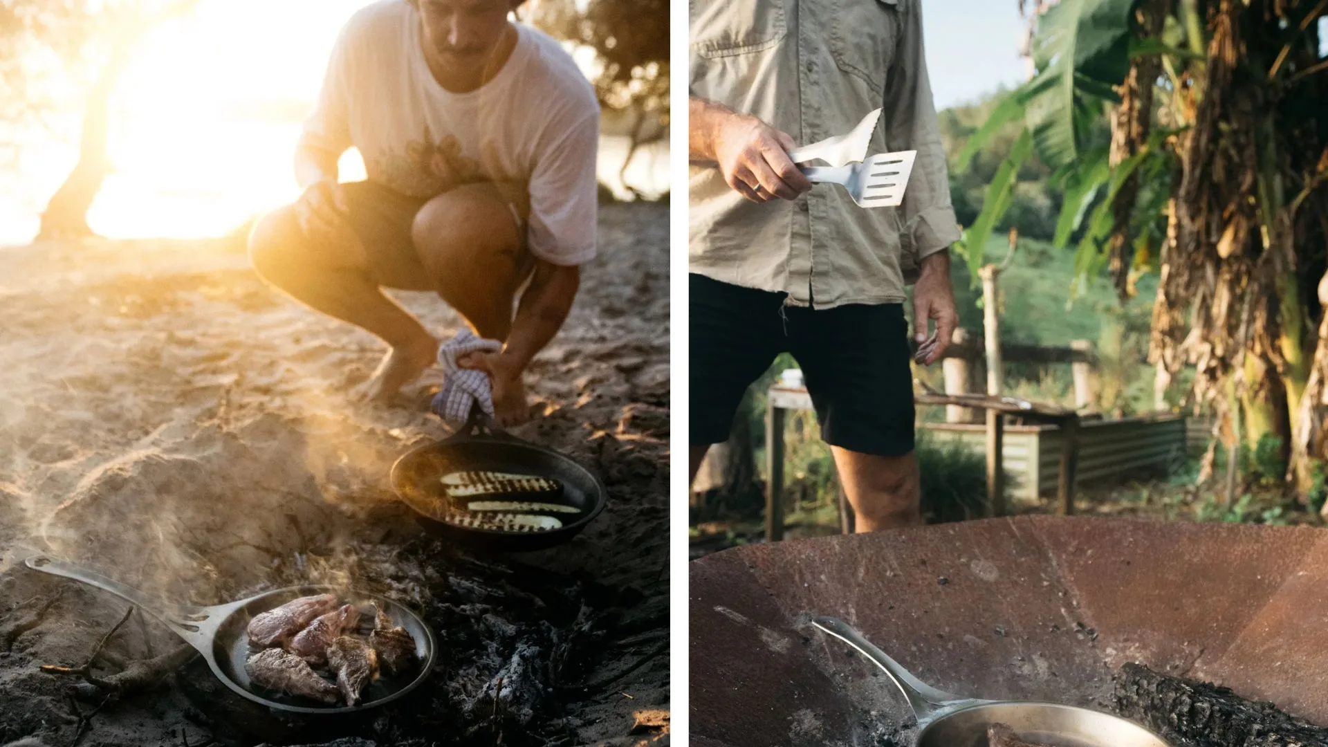 Solidteknics pans being used for cooking over a campfire on a beach and in a fire pit.