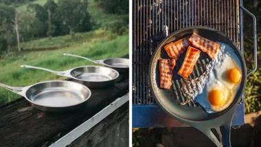 Versatile Solidteknics pans, pictured empty in an outdoor setting and in use cooking breakfast on a grill.