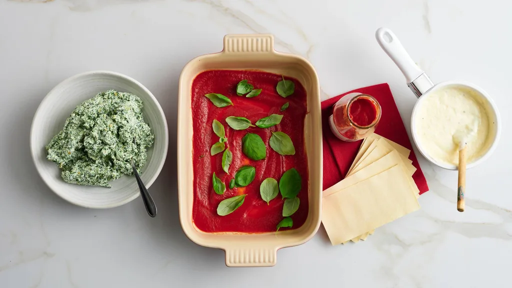 Assembling the spinach and ricotta lasagne