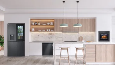 Lg kitchen collection featured in a naturally lit kitchen with island bench, pendant lighting, fridge, oven, cooktop and dishwasher