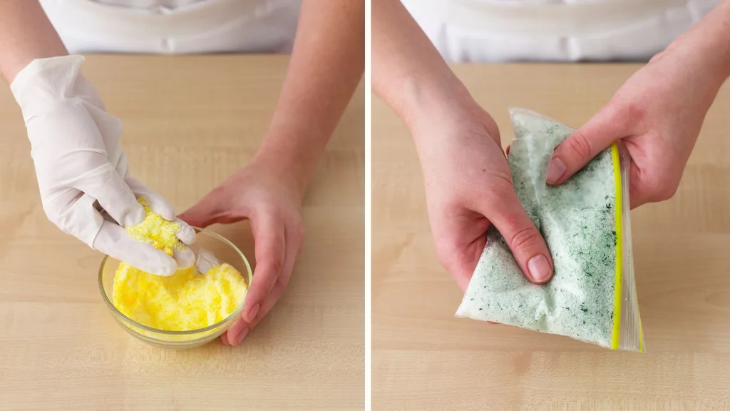Colouring sugar with food colouring in a bowl and a ziplock bag
