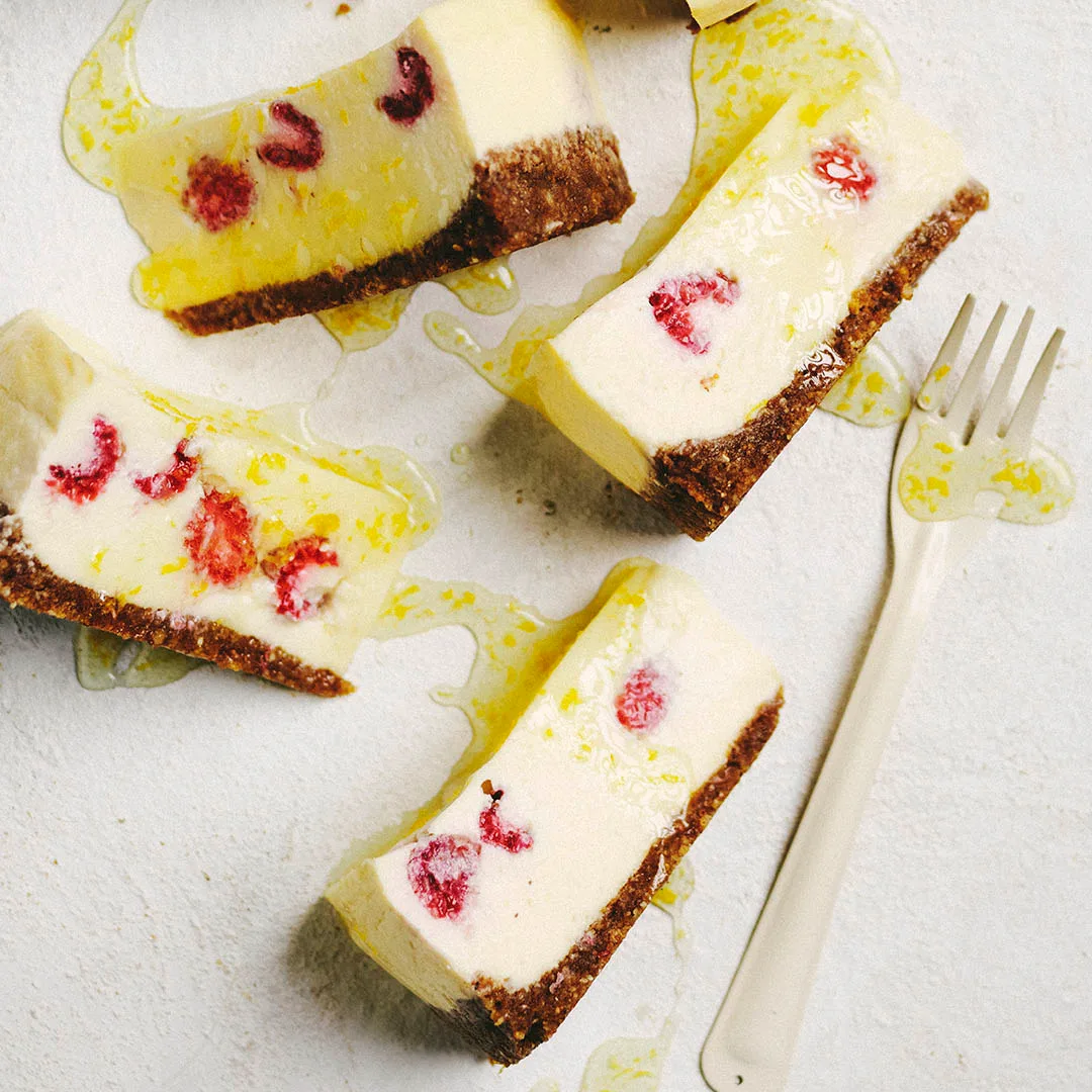 Slices of raspberry baked cheesecake