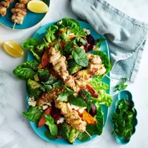 Air fryer chicken skewers with roast vegetables