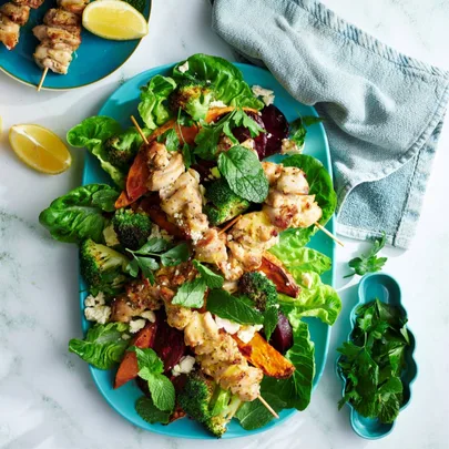 Air fryer chicken skewers with roast vegetables