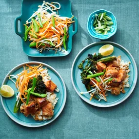 Air fryer salmon with miso honey glaze, broccolini and rice