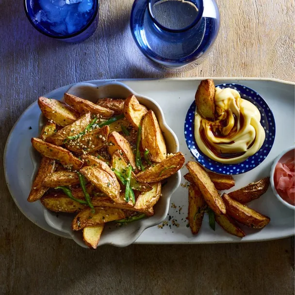 Air fryer potato wedges served with sticky soy mayonnaise