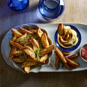 Air fryer potato wedges served with sticky soy mayonnaise