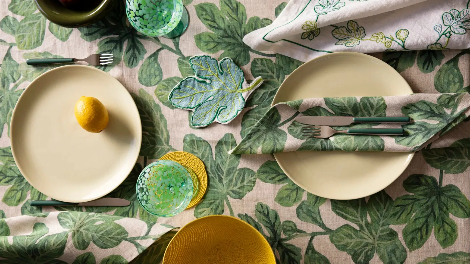 Table setting in greens and cream by Bonnie & Neil