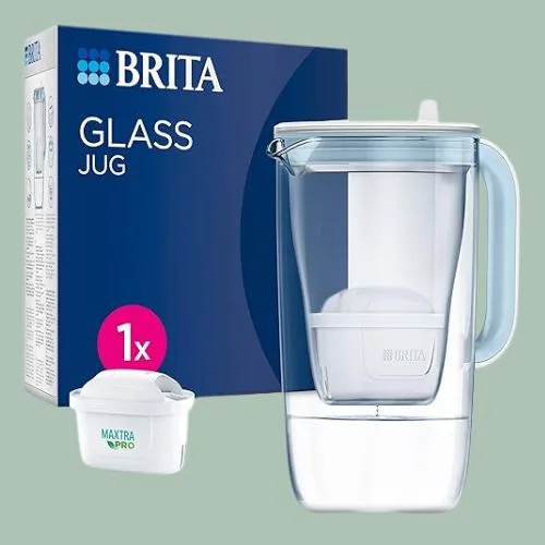 BRITA Glass Water Filter Jug, Light Blue, 2.5L Capacity, Borosilicate Glass & Bio-Based Plastic, with 1 MAXTRA PRO Cartridge
