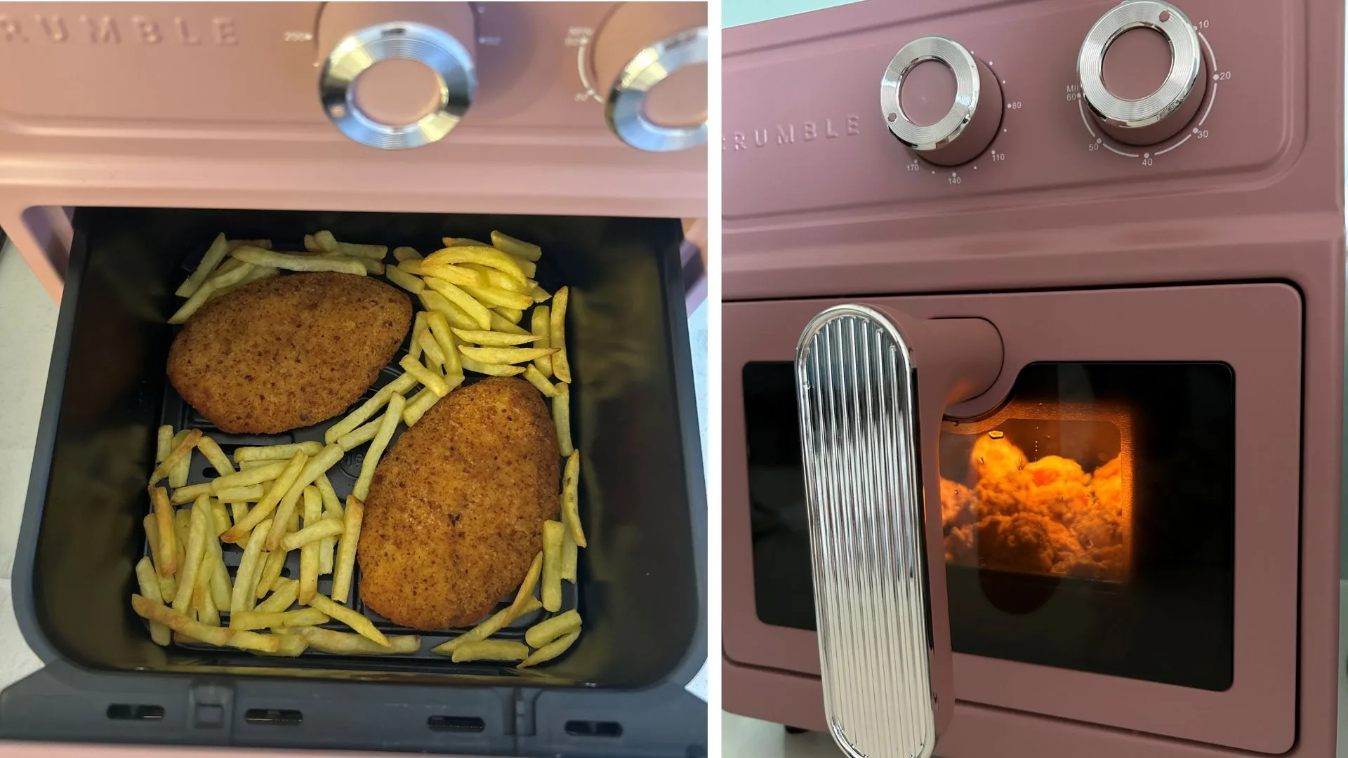 A split image. On the left, two cooked chicken schnitzels and a pile of chips sit in the black basket of a pink Crumble air fryer. On the right, the air fryer's viewing window is glowing with a warm orange light as food (chicken nuggets) cooks inside.