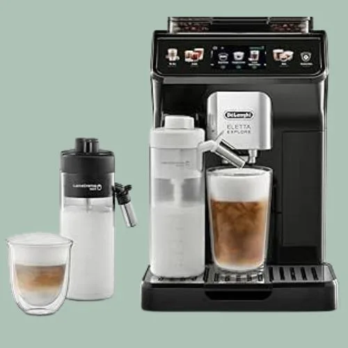 De'Longhi Eletta Explore Perfetto Automatic Coffee Machine with Cold and Hot Automatic Milk Frothing, LatteCrema System, Hot and Iced Coffee Recipes, 3.5'' TFT Display Menu, ECAM450.55.G, Black