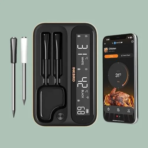 INKBIRD Wireless Bluetooth BBQ Thermometer INT-12-BW, Wire-Free Kitchen Meat Probe with 25 mins Fast Charging, Large Backlit LCD Screen Local Data Storage IP67 Waterproof for Cooking Grilling Smoking