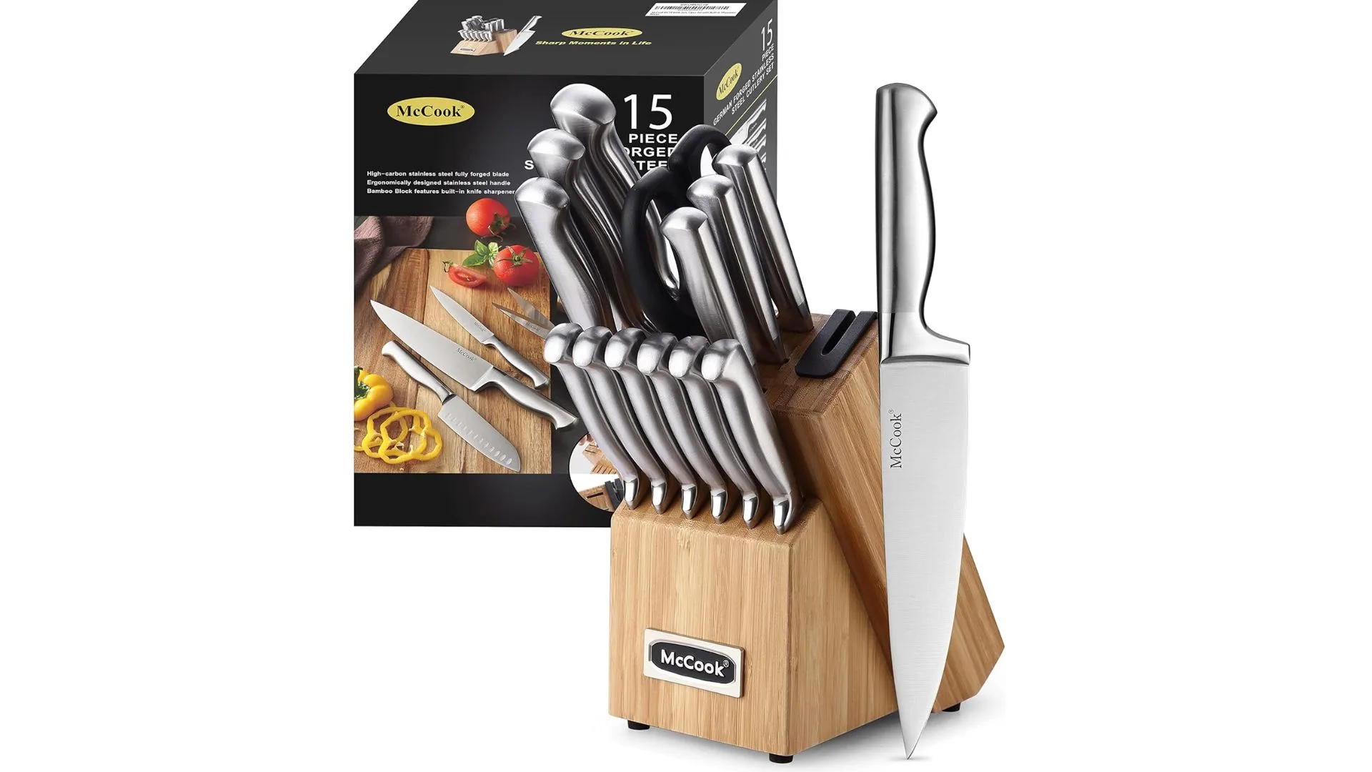 McCook German Stainless Steel Knife Block Set with Built-in Sharpener, including chef's knife, slicing knife, Santoku knife, steak knives and two sizes of scissors.