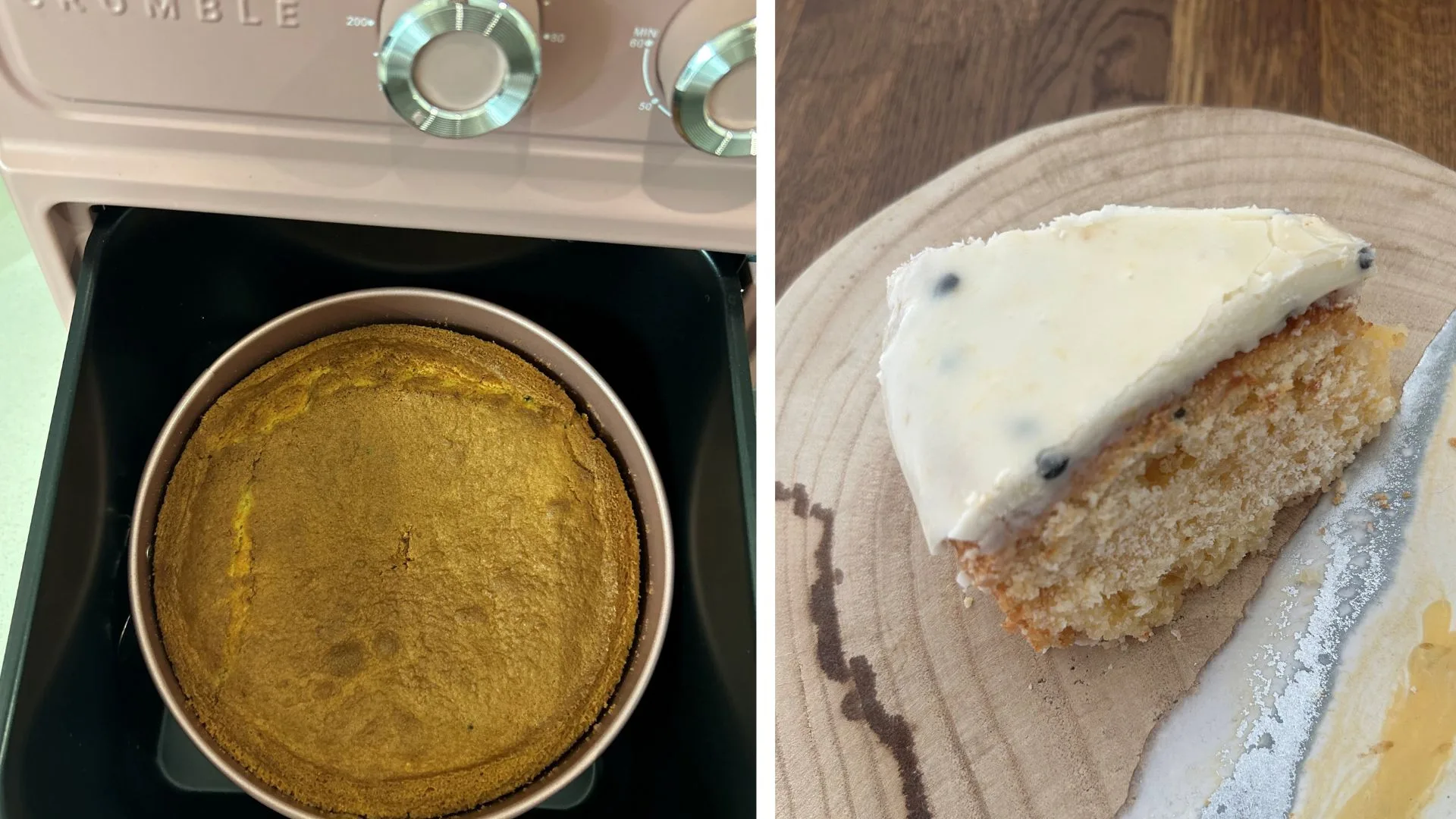 A split image showing a golden-brown passionfruit buttermilk cake baking in a pink Crumble air fryer on the left, and a slice of the baked cake with white frosting and passionfruit seeds on a wooden board on the right.