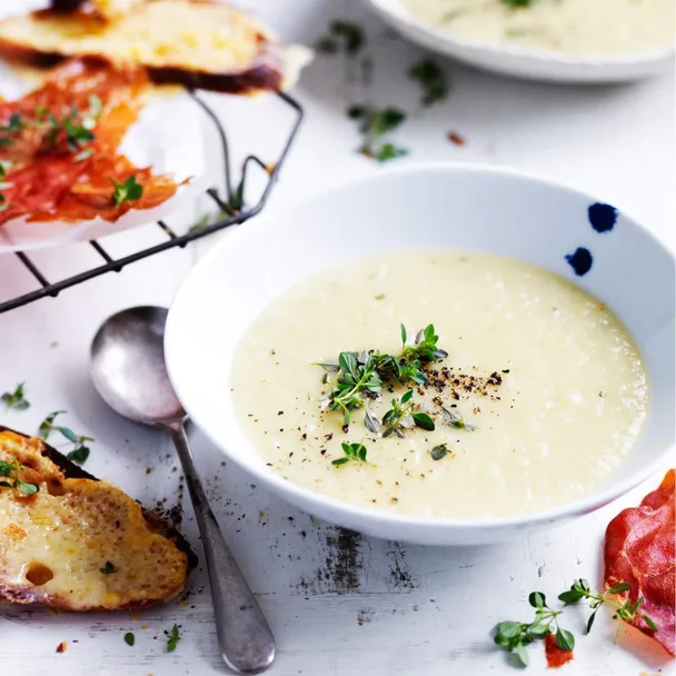 Potato soup with cheddar toasts and crispy prosciutto