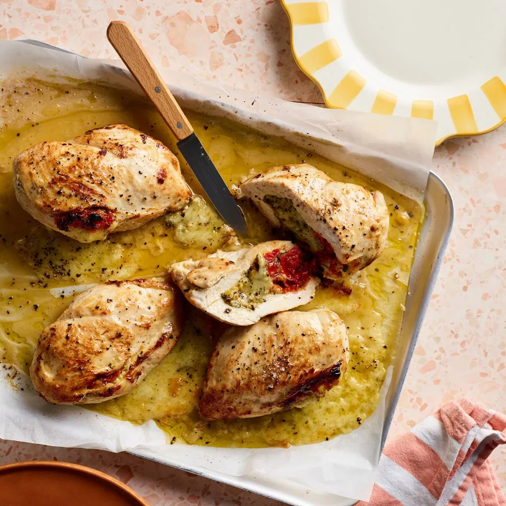 Pesto, sun-dried tomato & mozzarella-stuffed chicken breasts - Sarah Pound recipe