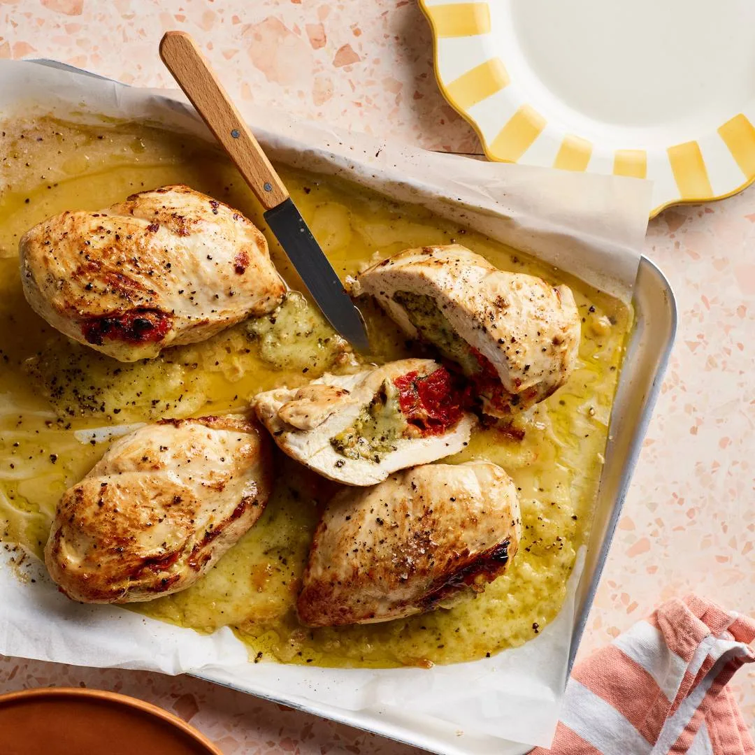 Pesto, sun-dried tomato & mozzarella-stuffed chicken breasts - Sarah Pound recipe