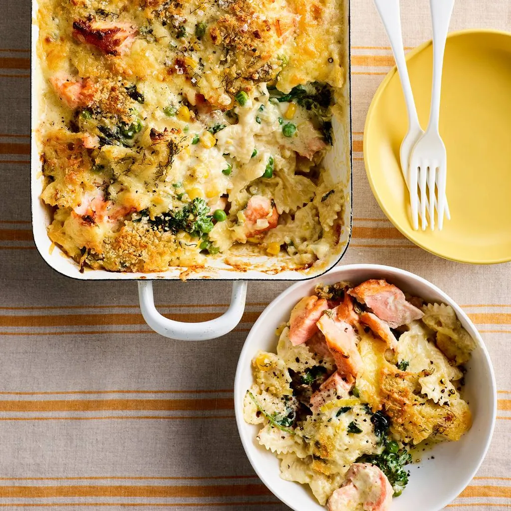 Sarah Pound's cheesy salmon & veggie pasta bake
