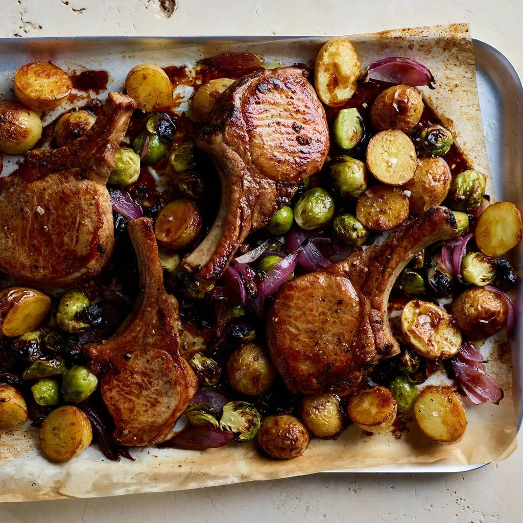 Pork chop tray bake with potatoes & brussels sprouts