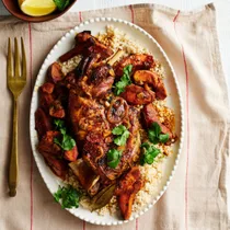 Slow cooked lamb shoulder with quinces and pearl couscous